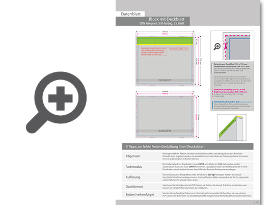 Product Bild block_mit_leimbindung_und_deckblatt__din_a6_quer__25_blatt__5_0_farbig_einseitig_bedruckt_(cmyk_4-farbig_+_1_sonderfarbe_hks_oder_pantone)